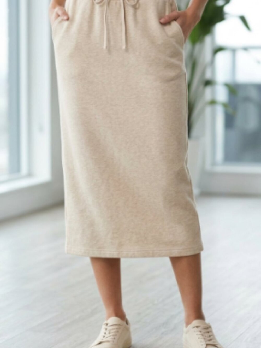 Oatmeal Beige Fleece Drawstring Midi Skirt w/ Pockets Size XS